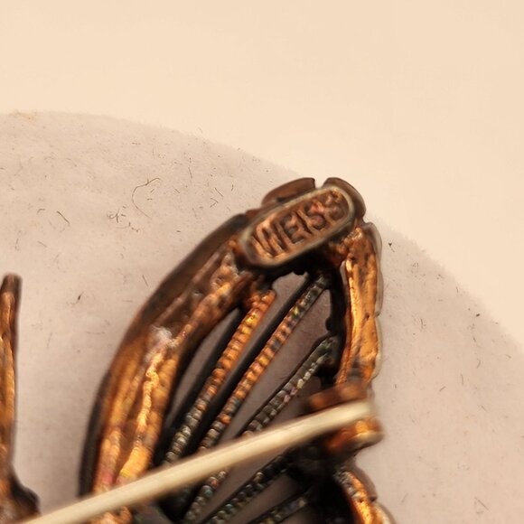Vintage  Weiss Bronze Butterfly Brooch With Amber & Green Rhinestones - Picture 8 of 10